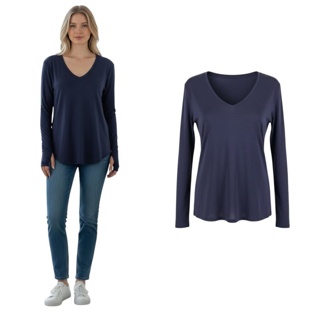 Enza Costa Pima Cotton Navy Long Sleeve Tee Thumbhole Small